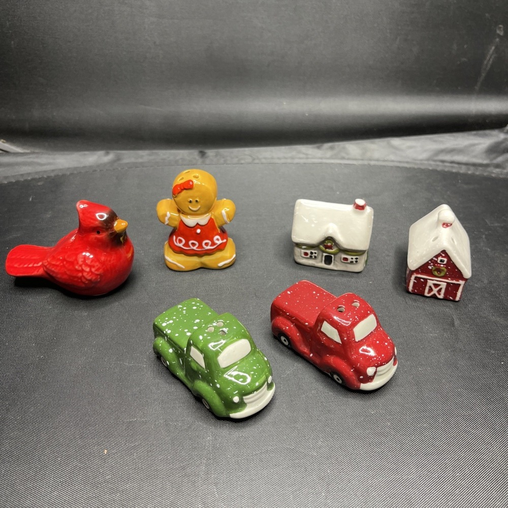 Salt & Pepper Shaker Set Cardinal Trucks Gingerbread House Barn Christmas